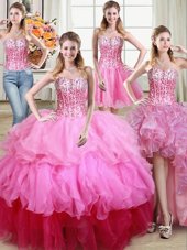 Four Piece Multi-color Ball Gowns Sweetheart Sleeveless Organza Floor Length Lace Up Ruffles and Sequins Quince Ball Gowns