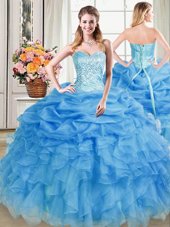 Pick Ups Blue Sleeveless Organza Lace Up Quinceanera Gowns for Military Ball and Sweet 16 and Quinceanera