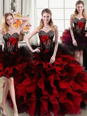 Four Piece Floor Length Ball Gowns Sleeveless Black and Red Quinceanera Dress Lace Up