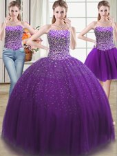 Three Piece Sweetheart Sleeveless Lace Up Sweet 16 Quinceanera Dress Purple Tulle