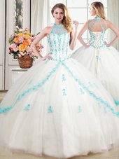 Modest Halter Top Sleeveless Beading and Appliques Lace Up Vestidos de Quinceanera