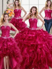 Nice Four Piece Floor Length Ball Gowns Sleeveless Fuchsia Quinceanera Gown Lace Up
