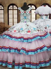Affordable White Organza and Taffeta Lace Up Straps Sleeveless Floor Length 15th Birthday Dress Embroidery and Ruffled Layers