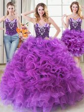 Three Piece Eggplant Purple Lace Up Quinceanera Gowns Beading and Ruffles Sleeveless Floor Length