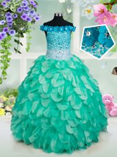 Luxurious Off The Shoulder Sleeveless Pageant Gowns For Girls Floor Length Beading and Appliques and Ruffles Turquoise Organza