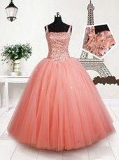Gorgeous Straps Straps Peach Tulle Lace Up Little Girls Pageant Dress Wholesale Sleeveless Floor Length Beading