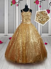 Straps Sleeveless Tulle Kids Pageant Dress Beading and Sequins Lace Up