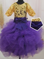 Decent Eggplant Purple and Gold Zipper Scoop Lace and Ruffles and Bowknot Flower Girl Dresses for Less Tulle Short Sleeves