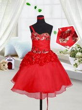 Pretty One Shoulder Sleeveless Teens Party Dress Mini Length Sequins and Hand Made Flower Red Organza
