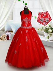 Unique Red Halter Top Lace Up Beading and Appliques Juniors Party Dress Sleeveless