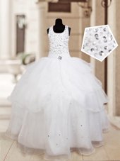White Ball Gowns Halter Top Sleeveless Organza Floor Length Lace Up Beading and Ruffled Layers Flower Girl Dress
