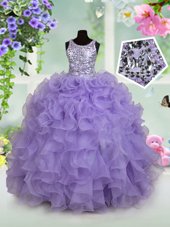 Scoop Lavender Ball Gowns Beading and Ruffles Little Girl Pageant Gowns Zipper Organza Sleeveless Floor Length