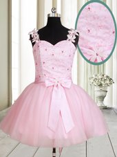 Dazzling Straps Straps Sleeveless Mini Length Beading and Embroidery Lace Up Party Dresses with Baby Pink