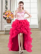 Best Hot Pink Lace Up Straps Beading and Lace and Ruffles Prom Party Dress Organza Sleeveless
