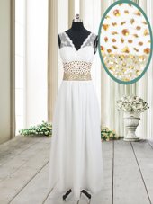 Superior Beading and Belt Prom Gown White Zipper Sleeveless Ankle Length