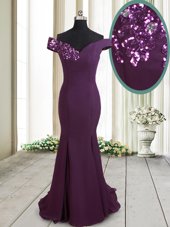 Luxury Mermaid Sequins Dark Purple Prom Party Dress Off The Shoulder Sleeveless Brush Train Zipper