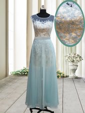 Captivating Scoop Cap Sleeves Chiffon Ankle Length Backless Prom Gown in Light Blue for with Lace