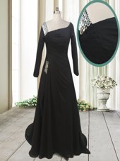 Perfect With Train Black Prom Evening Gown Asymmetric Long Sleeves Sweep Train Side Zipper