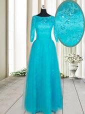 Free and Easy Scoop Teal Zipper Evening Dress Beading and Lace and Appliques Half Sleeves Floor Length