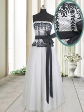 Gorgeous Empire Prom Dress White And Black Strapless Tulle Sleeveless Floor Length Zipper