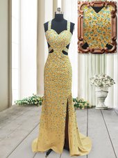 Brush Train Column/Sheath Prom Party Dress Gold Straps Chiffon Sleeveless Backless