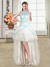 Free and Easy Halter Top See Through White Ball Gowns Beading and Ruffles Homecoming Dress Lace Up Tulle Sleeveless High Low