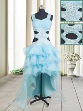 Shining Ruffled A-line Prom Evening Gown Aqua Blue Straps Organza Sleeveless High Low Criss Cross