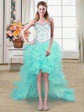 Straps Sleeveless Prom Dresses High Low Beading and Ruffles Aqua Blue Organza