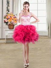 Best Ball Gowns Cocktail Dress Hot Pink Straps Organza Sleeveless Mini Length Lace Up