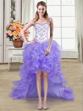 Custom Designed Straps Straps Organza Sleeveless High Low Dress for Prom and Beading and Ruffles