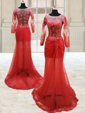 Pretty Scoop Red Long Sleeves Appliques With Train Prom Dress