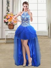 Suitable Halter Top High Low Lace Up Evening Dress Royal Blue and In for Prom and Party with Beading and Pick Ups
