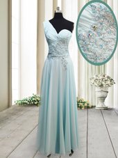Light Blue Column/Sheath One Shoulder Sleeveless Chiffon Ankle Length Side Zipper Beading and Appliques Prom Evening Gown