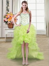 Captivating Straps Straps Yellow Green Organza Lace Up Junior Homecoming Dress Sleeveless High Low Beading and Ruffles