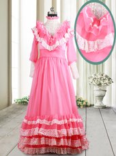 Hot Selling Long Sleeves Beading and Lace and Ruffled Layers Zipper Pageant Gowns with Pink Brush Train
