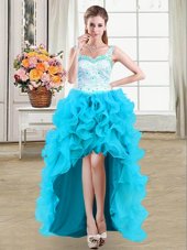 Straps Straps Sleeveless High Low Beading and Appliques and Ruffles Lace Up Prom Dress with Baby Blue