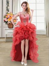 Straps Sleeveless Organza Homecoming Dress Online Beading and Ruffles Lace Up