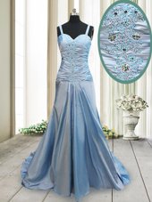 Suitable With Train Light Blue Evening Dress Straps Sleeveless Sweep Train Criss Cross