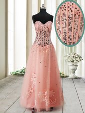 Peach Sleeveless Ankle Length Beading Lace Up Evening Dress