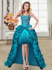 Most Popular Teal Ball Gowns Taffeta Sweetheart Sleeveless Embroidery and Pick Ups High Low Lace Up Hoco Dress