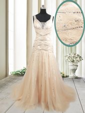 Mermaid Straps Straps Sleeveless Tulle With Train Sweep Train Lace Up Homecoming Dress in Champagne for with Ruching