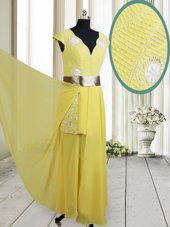 Suitable Cap Sleeves Floor Length Zipper Dress for Prom Yellow and In for Prom with Beading and Belt