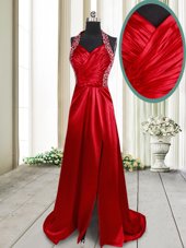 Halter Top Criss Cross Wine Red Prom Party Dress Elastic Woven Satin Brush Train Sleeveless Beading