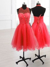 Chic Sequins Knee Length A-line Sleeveless Watermelon Red Womens Party Dresses Lace Up