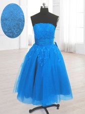 Blue Organza Lace Up Party Dress Sleeveless Knee Length Embroidery