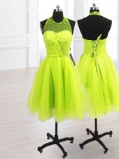 High Class Sleeveless Organza Knee Length Lace Up Club Wear in Yellow Green for with Sequins