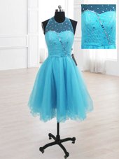 Luxurious Sequins Knee Length Baby Blue Womens Party Dresses High-neck Sleeveless Lace Up