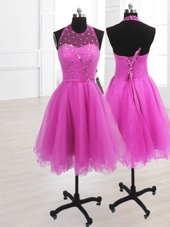 High Class Sleeveless Knee Length Sequins Lace Up Cocktail Dresses with Fuchsia