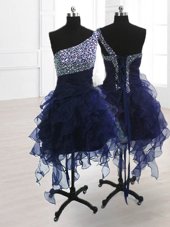 One Shoulder Navy Blue Organza Lace Up Party Dress Wholesale Sleeveless Knee Length Beading
