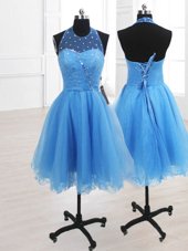 Sequins A-line Juniors Party Dress Baby Blue High-neck Organza Sleeveless Knee Length Lace Up